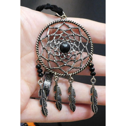 Whimsical Dreamcatcher Black And Silver Tone Necklace