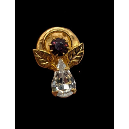 Vintage Angel Rhinestone Lapel Pin Gold Tone Clear Crystal Red/Purple Gem Brooch