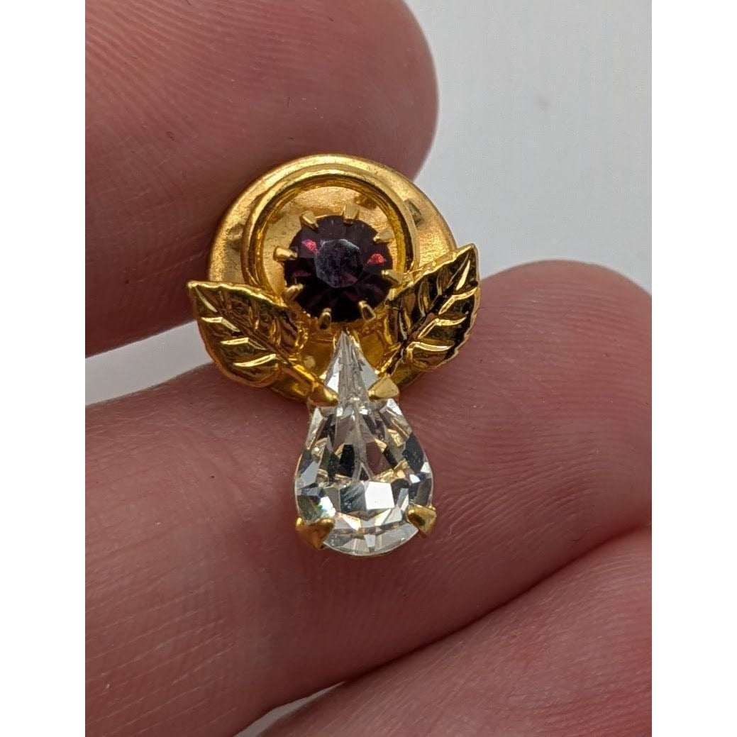 Vintage Angel Rhinestone Lapel Pin Gold Tone Clear Crystal Red/Purple Gem Brooch