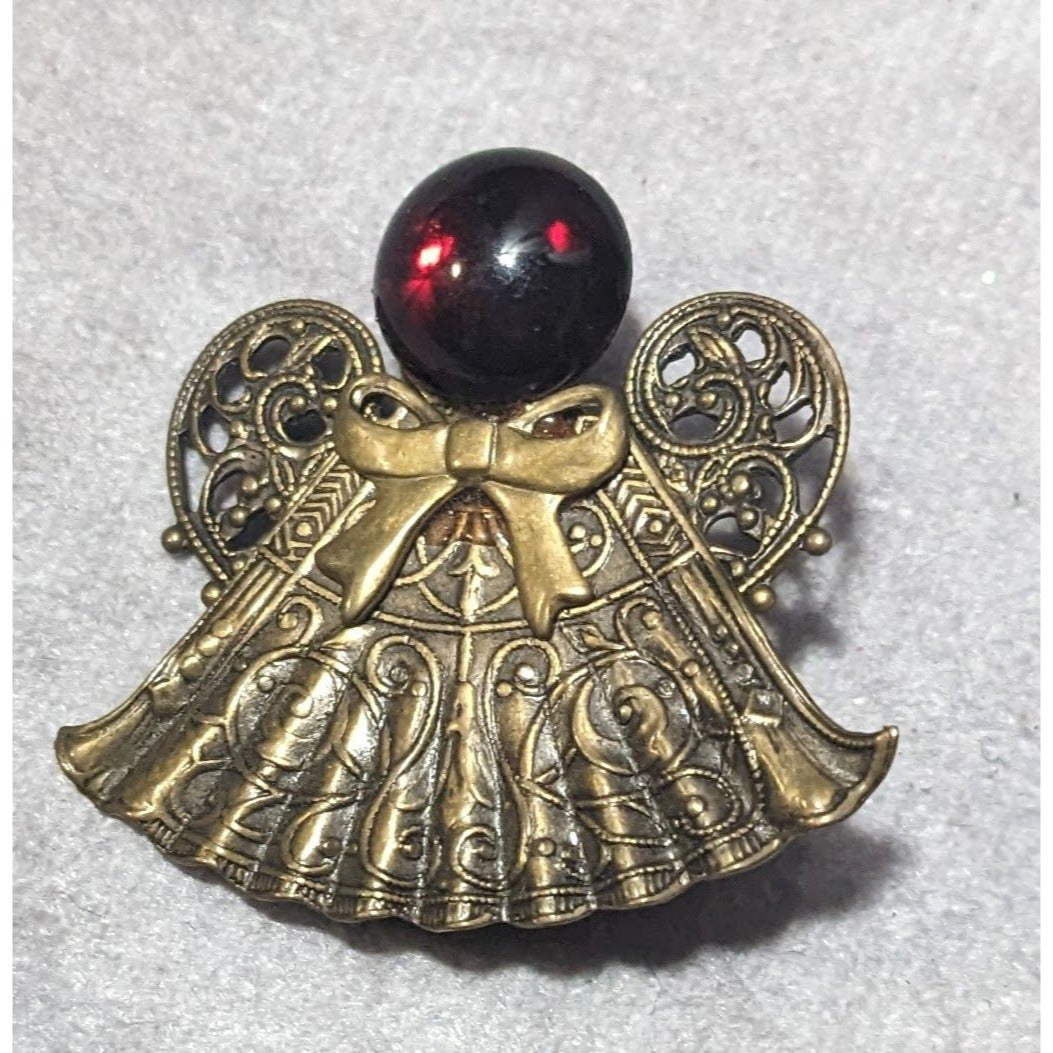 Vintage Red And Gold Ornate Angel Brooch