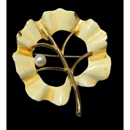 Vintage BSK Cream And Gold Tone Leaf Brooch