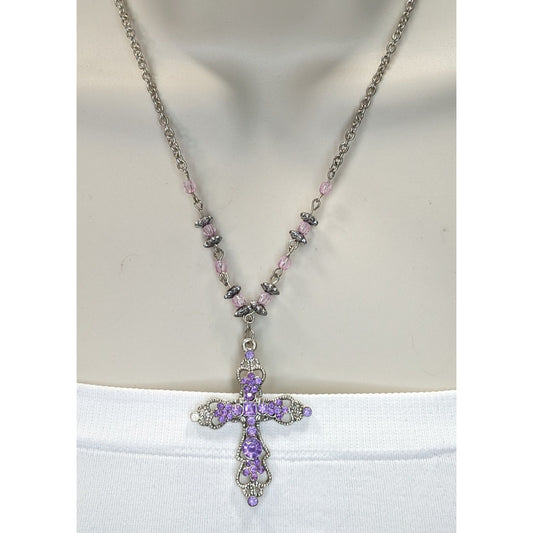 Pastel Goth Purple Rhinestone Cross Necklace With Beaded Chain