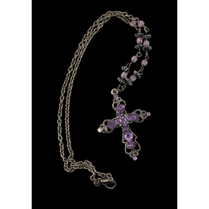 Pastel Goth Purple Rhinestone Cross Necklace With Beaded Chain