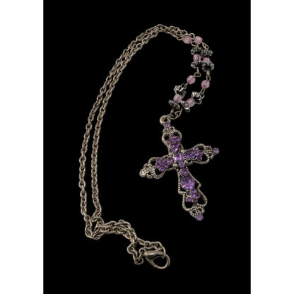 Pastel Goth Purple Rhinestone Cross Necklace With Beaded Chain