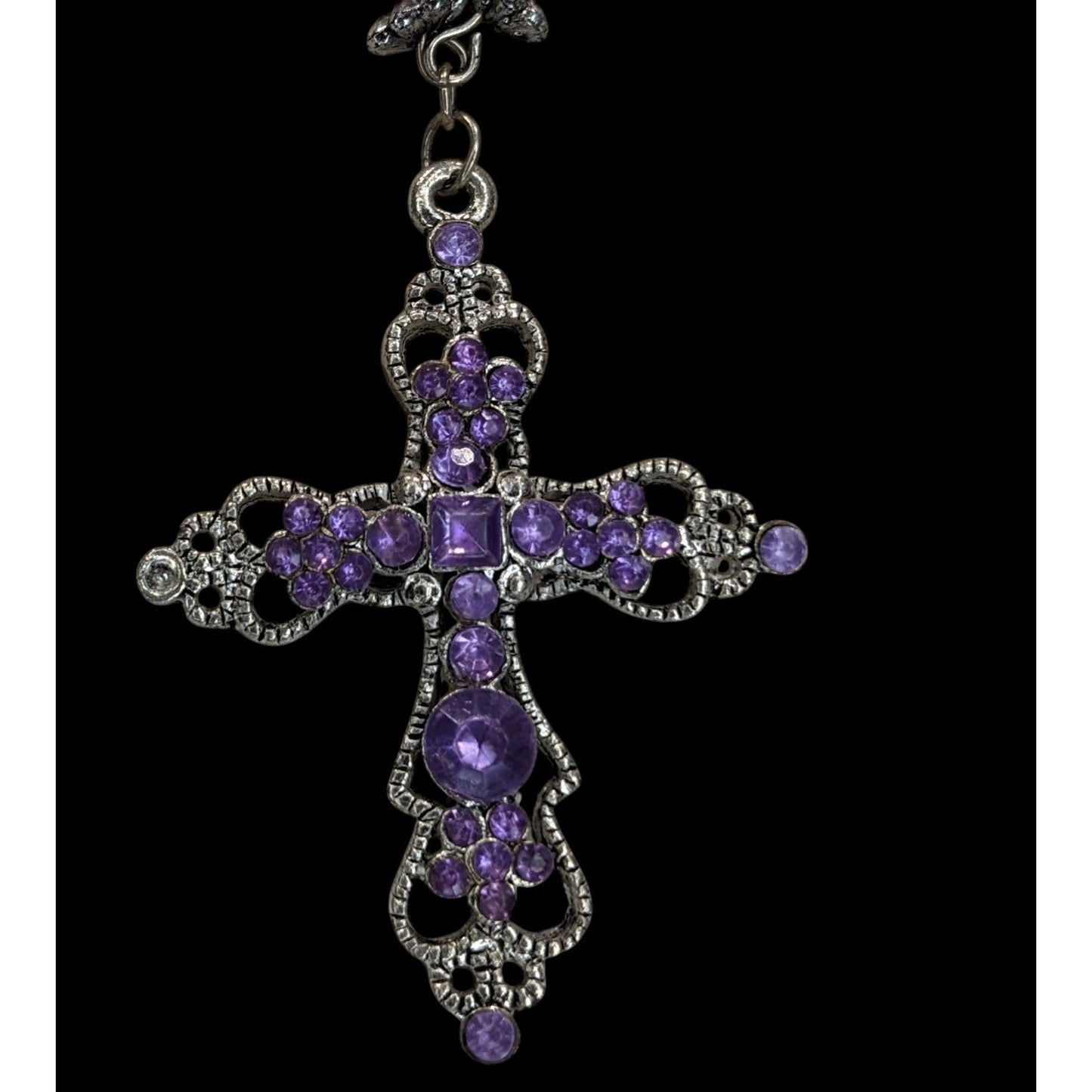 Pastel Goth Purple Rhinestone Cross Necklace With Beaded Chain