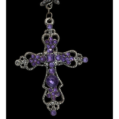 Pastel Goth Purple Rhinestone Cross Necklace With Beaded Chain