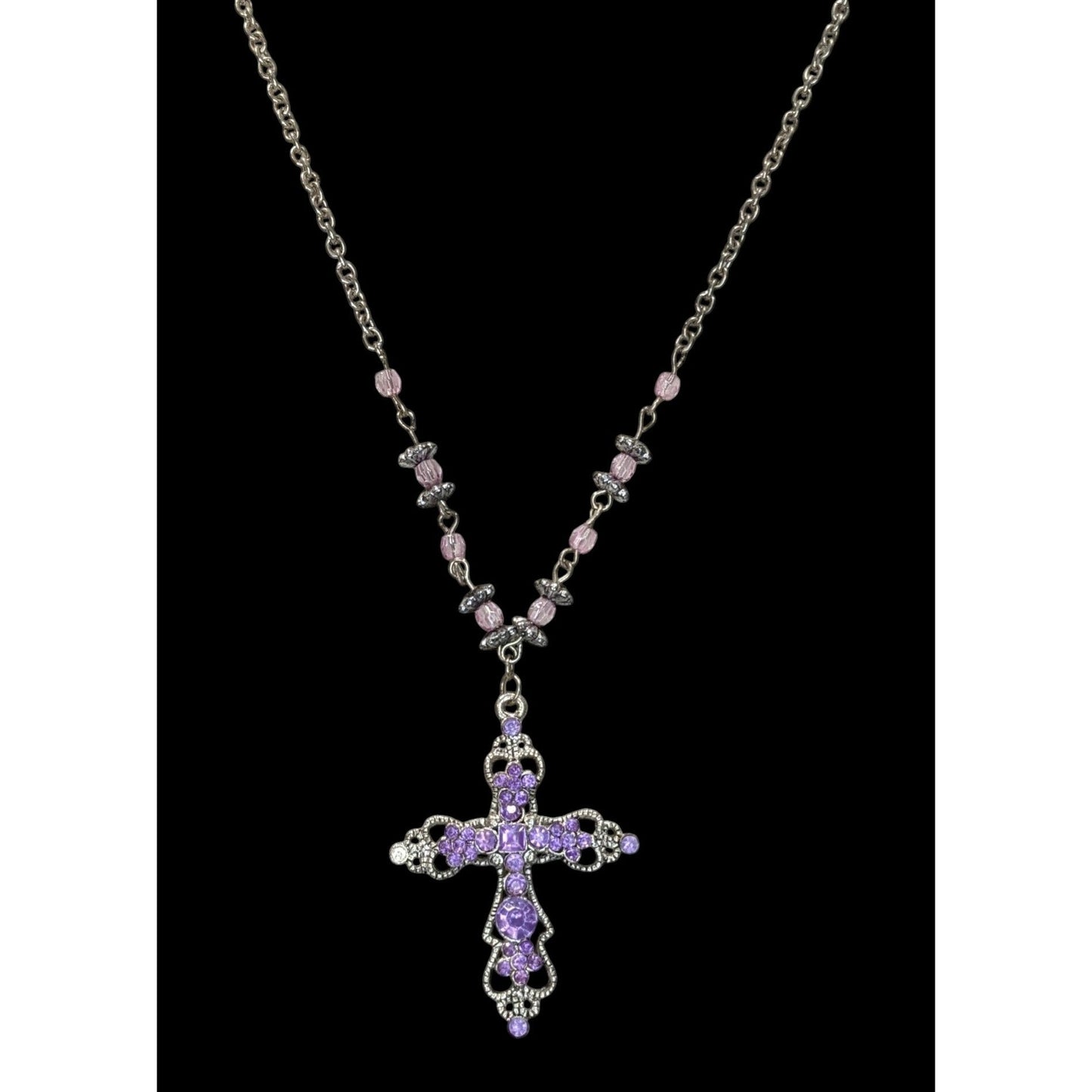 Pastel Goth Purple Rhinestone Cross Necklace With Beaded Chain