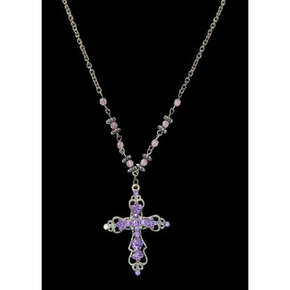 Pastel Goth Purple Rhinestone Cross Necklace With Beaded Chain