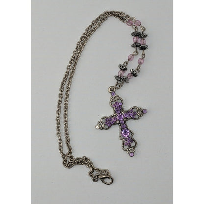Pastel Goth Purple Rhinestone Cross Necklace With Beaded Chain
