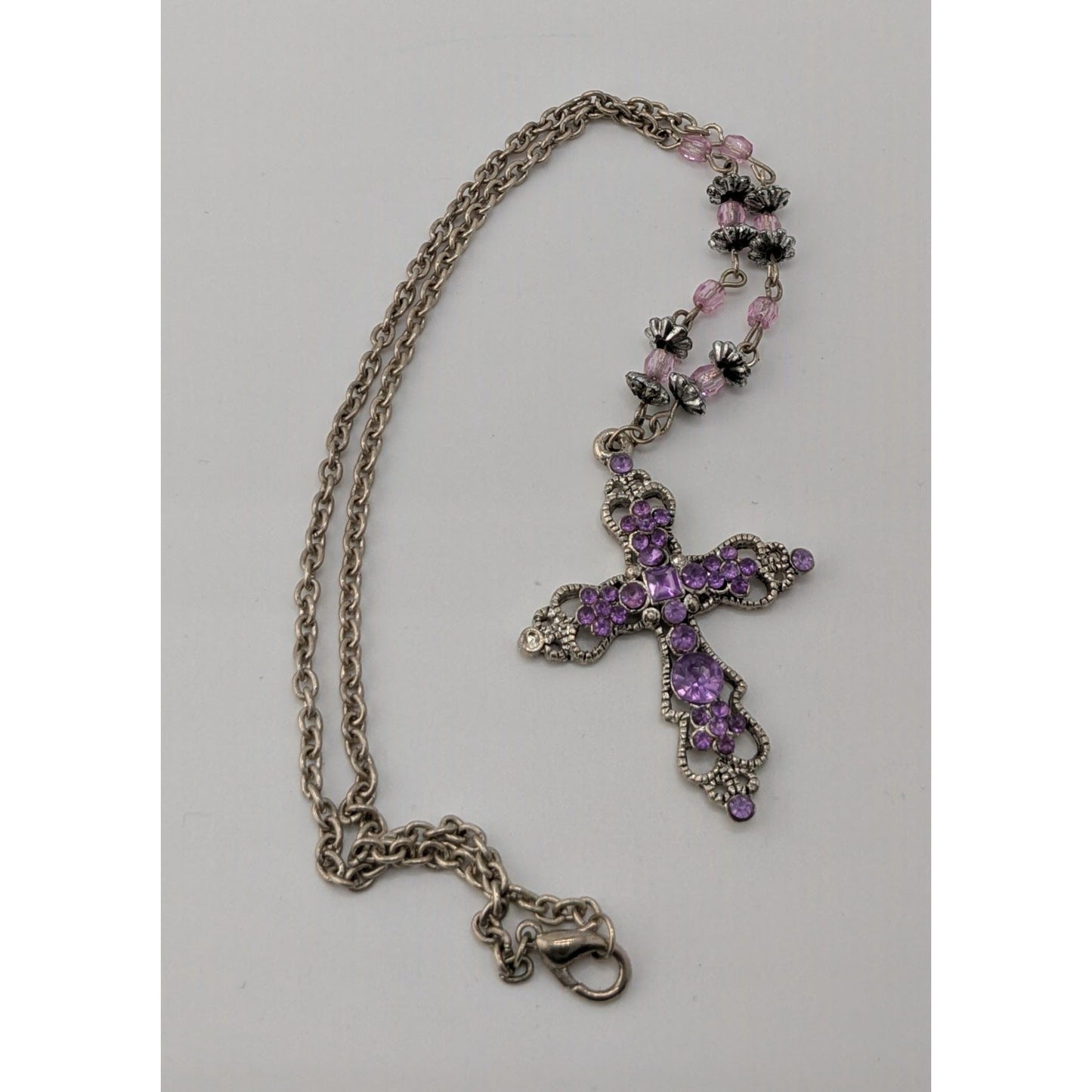 Pastel Goth Purple Rhinestone Cross Necklace With Beaded Chain