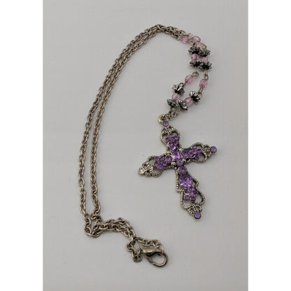 Pastel Goth Purple Rhinestone Cross Necklace With Beaded Chain