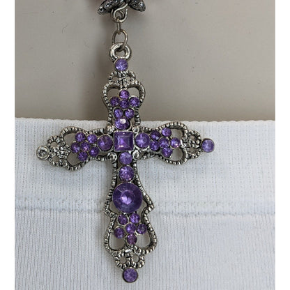 Pastel Goth Purple Rhinestone Cross Necklace With Beaded Chain