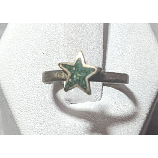 Vintage Minimalist Crushed Turquoise Star Silver Tone Ring Size 6