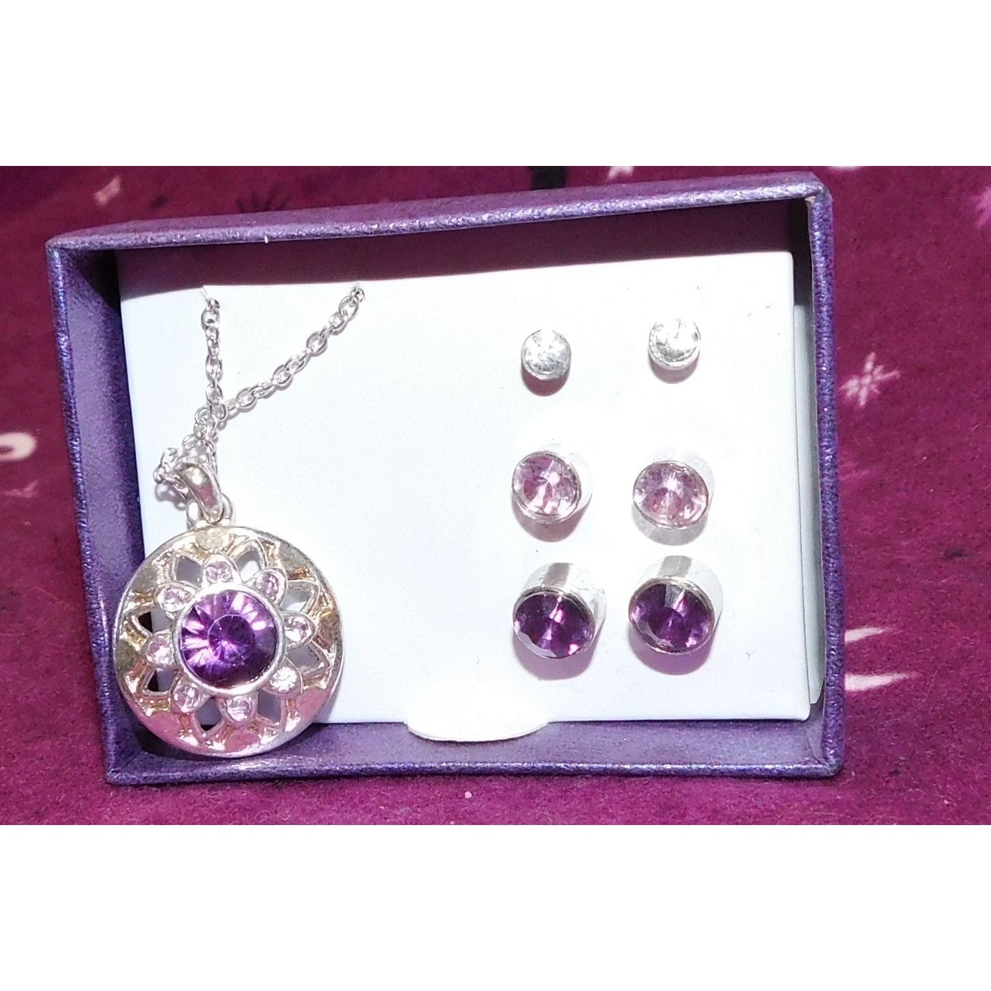 Silver And Purple Jewelry Set (Necklace, 3 Pairs Of Earrings)