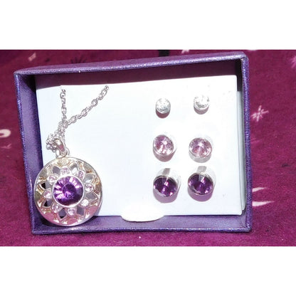 Silver And Purple Jewelry Set (Necklace, 3 Pairs Of Earrings)