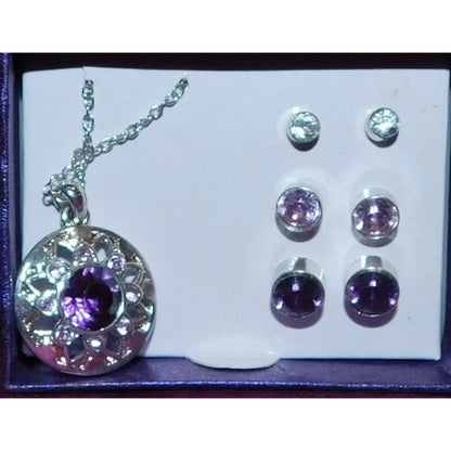 Silver And Purple Jewelry Set (Necklace, 3 Pairs Of Earrings)