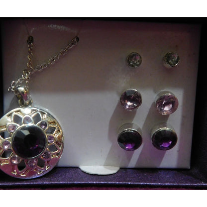 Silver And Purple Jewelry Set (Necklace, 3 Pairs Of Earrings)