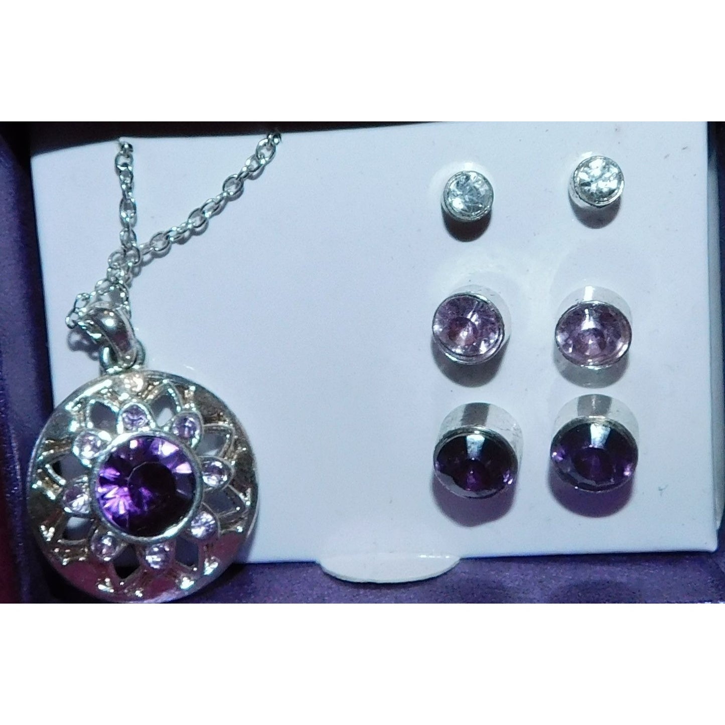 Silver And Purple Jewelry Set (Necklace, 3 Pairs Of Earrings)