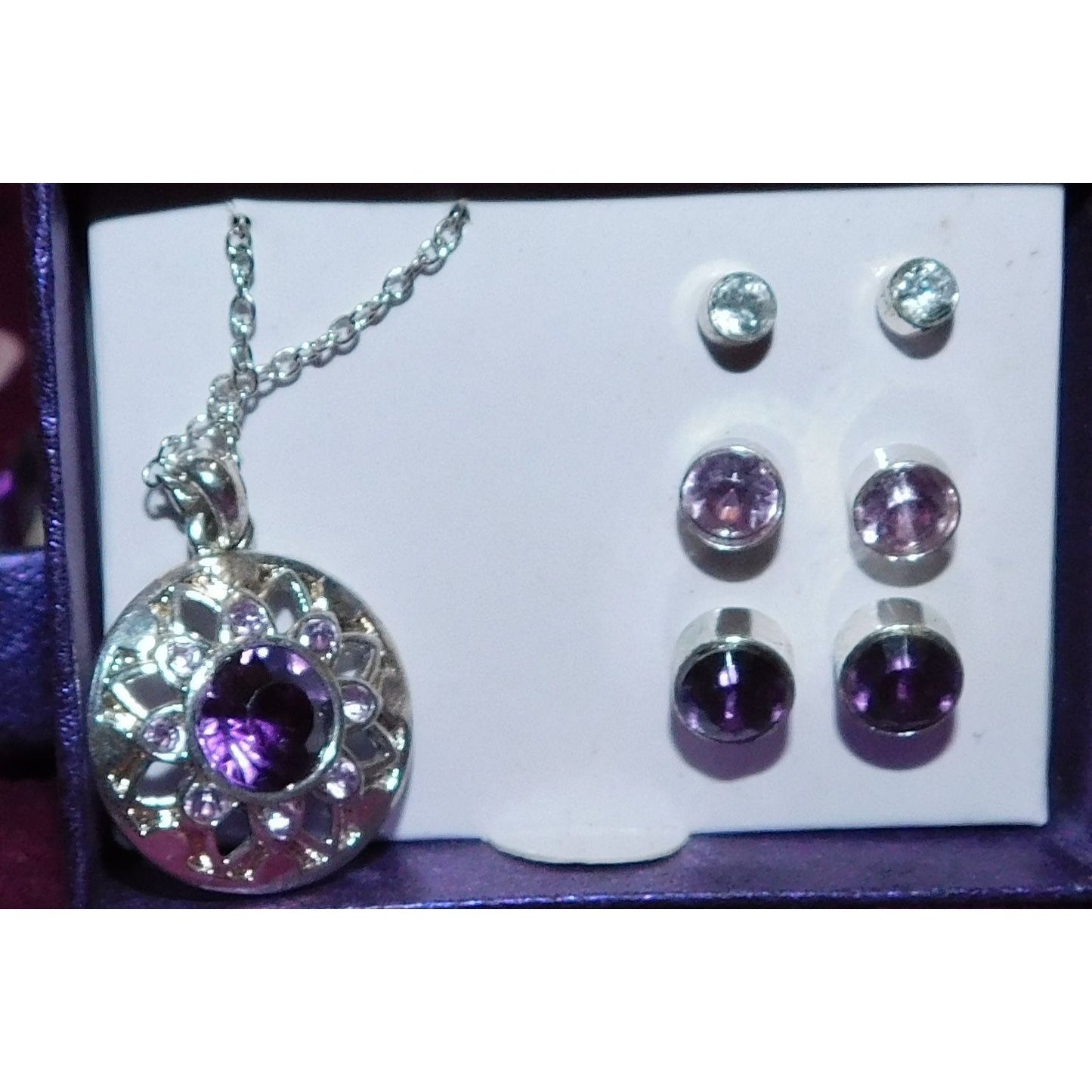 Silver And Purple Jewelry Set (Necklace, 3 Pairs Of Earrings)