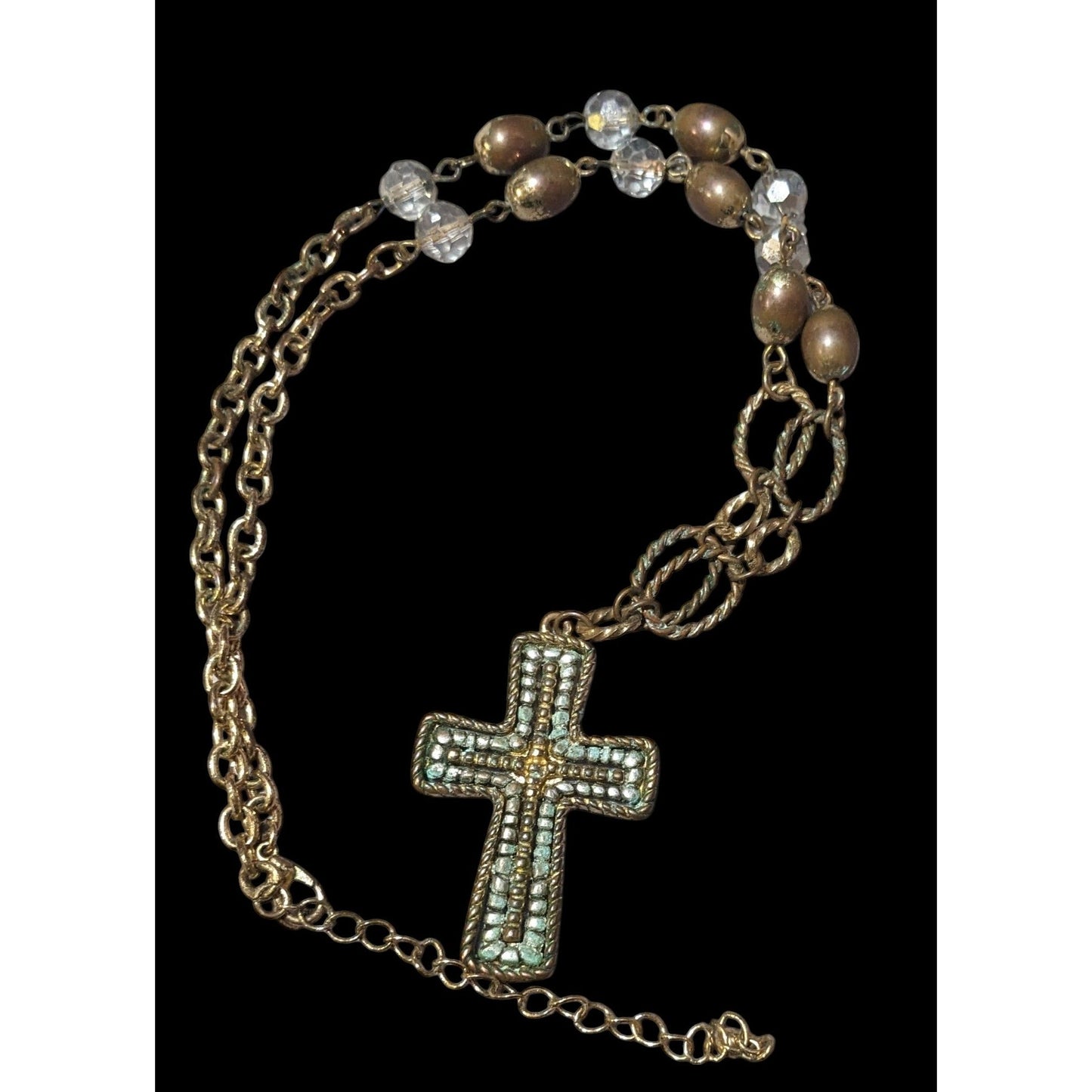 Vintage Multitone Metallic Beaded Cross Necklace