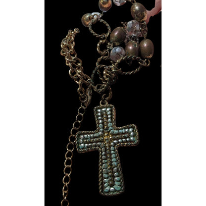 Vintage Multitone Metallic Beaded Cross Necklace