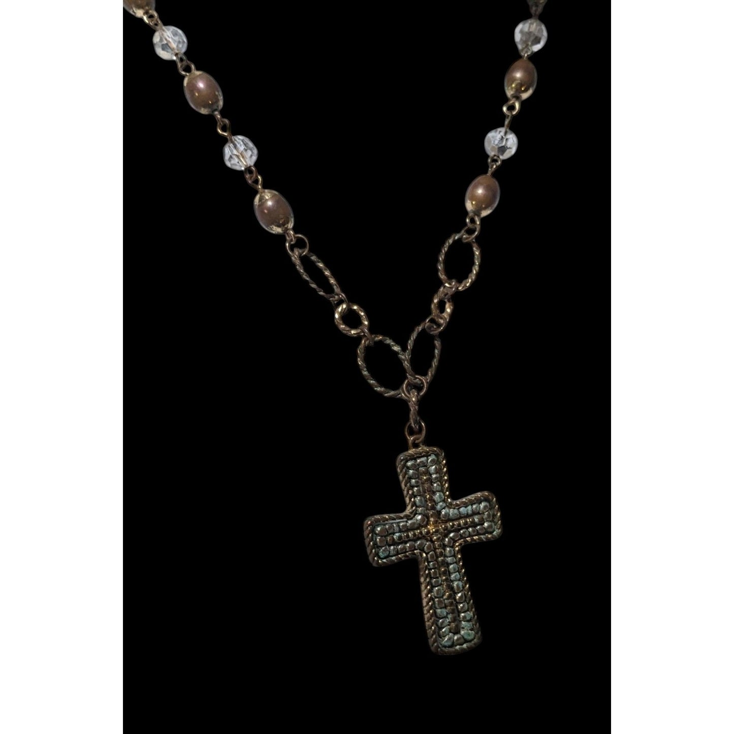 Vintage Multitone Metallic Beaded Cross Necklace