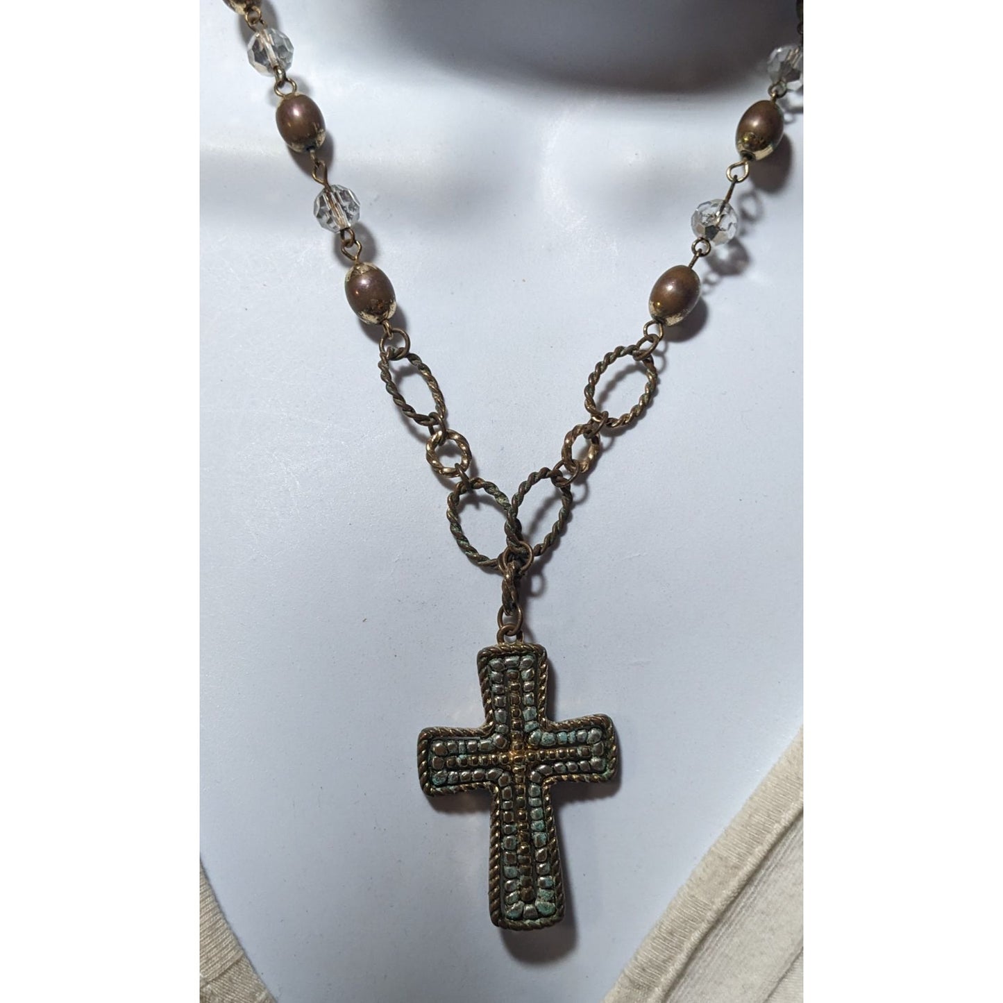 Vintage Multitone Metallic Beaded Cross Necklace