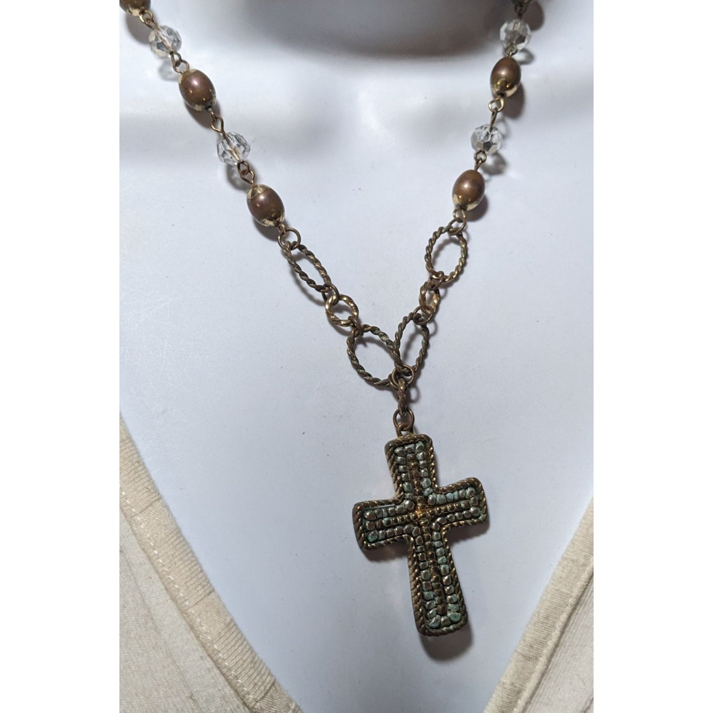 Vintage Multitone Metallic Beaded Cross Necklace