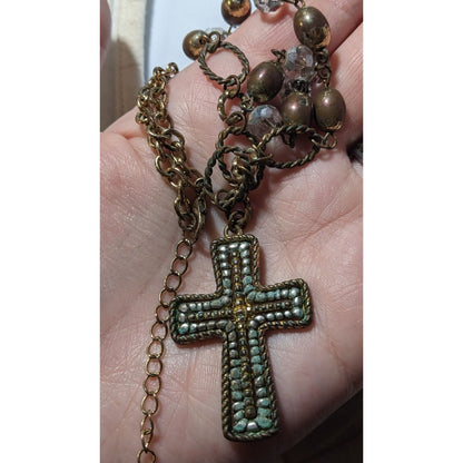 Vintage Multitone Metallic Beaded Cross Necklace