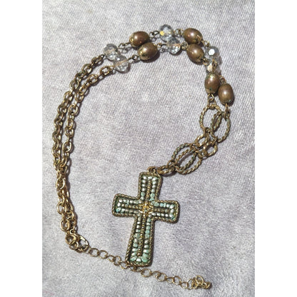 Vintage Multitone Metallic Beaded Cross Necklace