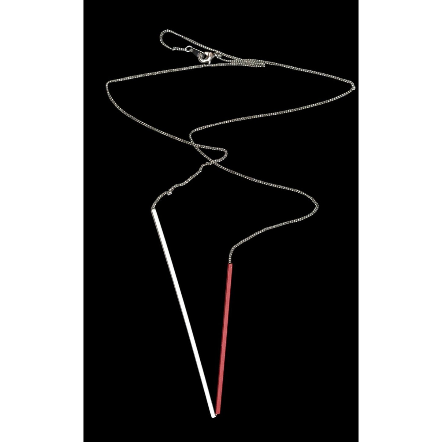 Modern Abstract Red And Silver Tone Asymmetrical Tube On Chain Necklace