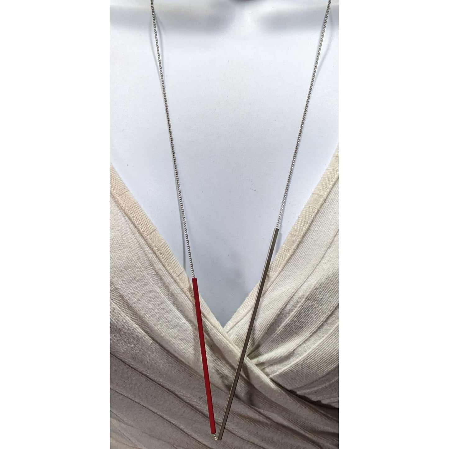 Modern Abstract Red And Silver Tone Asymmetrical Tube On Chain Necklace