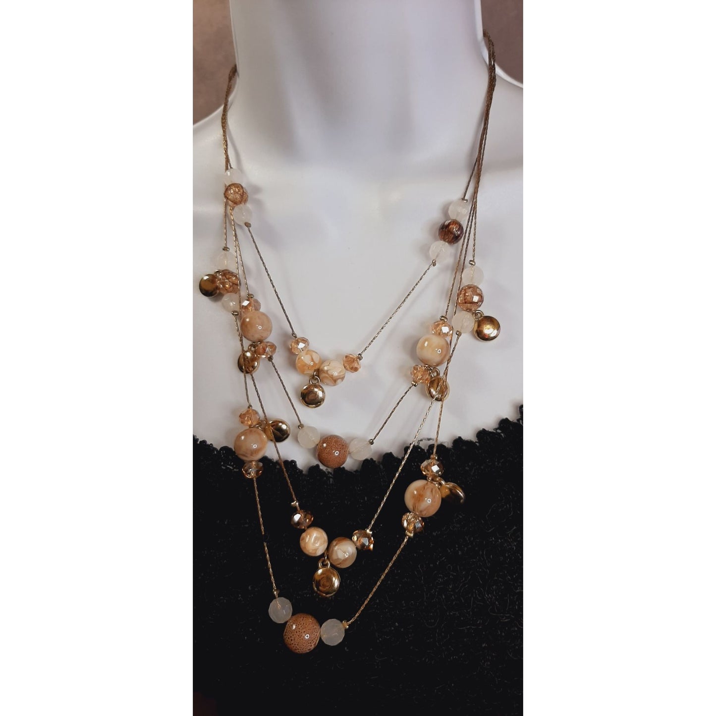 Layered Gold-Tone Beaded Necklace With Natural Stone And Resin Accents
