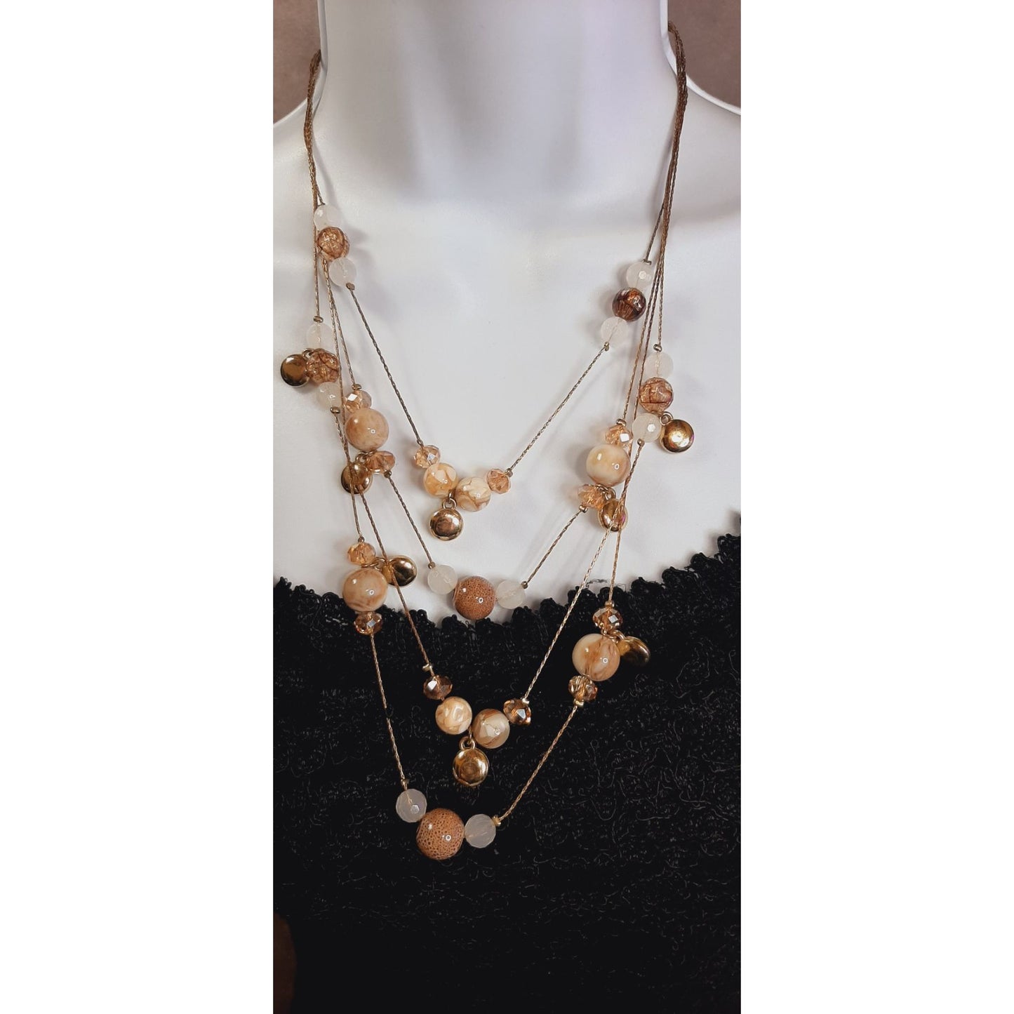 Layered Gold-Tone Beaded Necklace With Natural Stone And Resin Accents