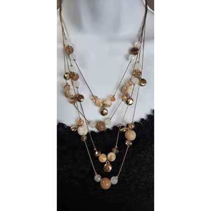 Layered Gold-Tone Beaded Necklace With Natural Stone And Resin Accents