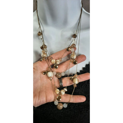 Layered Gold-Tone Beaded Necklace With Natural Stone And Resin Accents