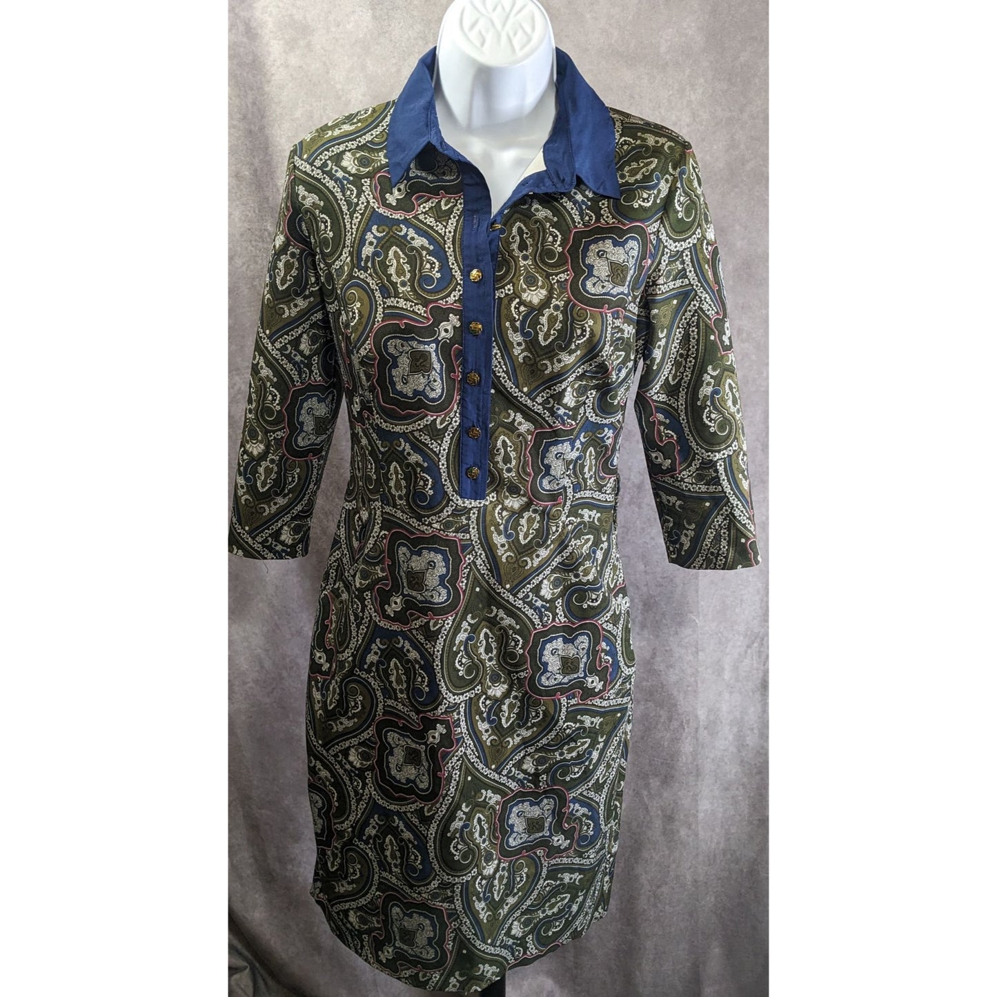 Verom By Memento Paisley Button-Up Collared Dress With 3/4 Sleeves