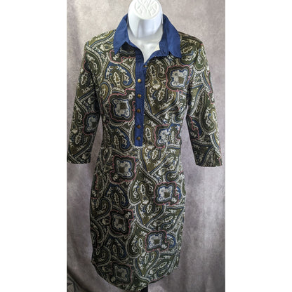 Verom By Memento Paisley Button-Up Collared Dress With 3/4 Sleeves