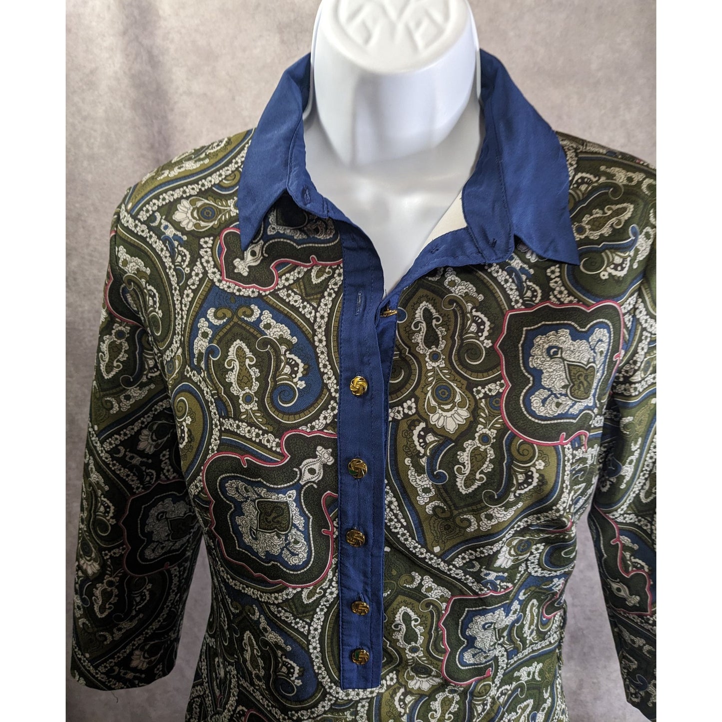 Verom By Memento Paisley Button-Up Collared Dress With 3/4 Sleeves
