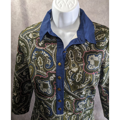 Verom By Memento Paisley Button-Up Collared Dress With 3/4 Sleeves