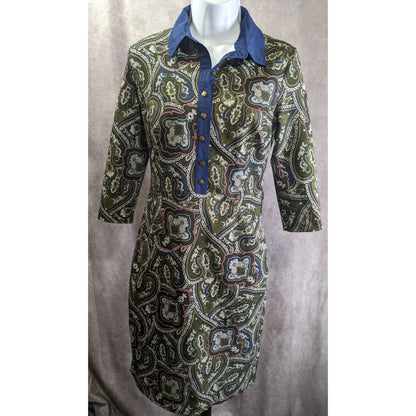 Verom By Memento Paisley Button-Up Collared Dress With 3/4 Sleeves
