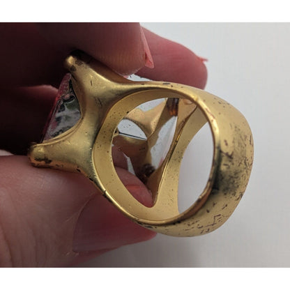 Vintage Glam Y2K Pink Crystal Gold Tone Oversized Cocktail Statement Ring