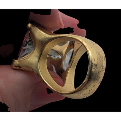 Vintage Glam Y2K Pink Crystal Gold Tone Oversized Cocktail Statement Ring