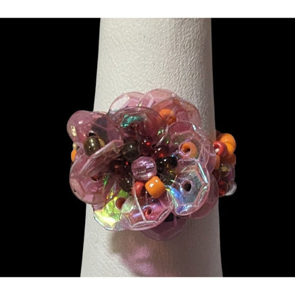 Handmade Fairycore Glass And Sequin Beaded Floral Stretch Ring Size 8