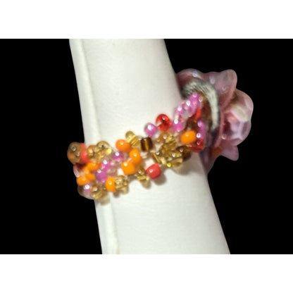 Handmade Fairycore Glass And Sequin Beaded Floral Stretch Ring Size 8