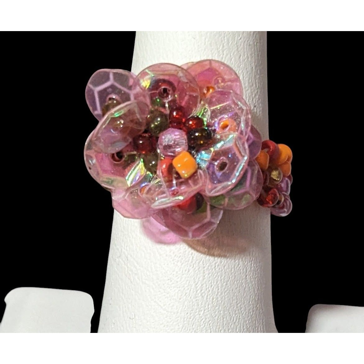 Handmade Fairycore Glass And Sequin Beaded Floral Stretch Ring Size 8