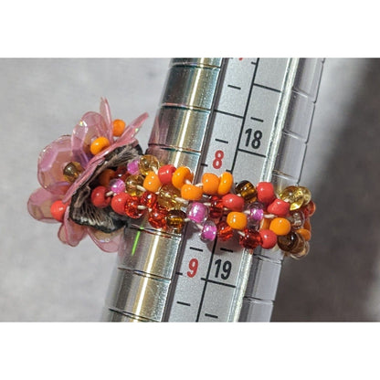 Handmade Fairycore Glass And Sequin Beaded Floral Stretch Ring Size 8