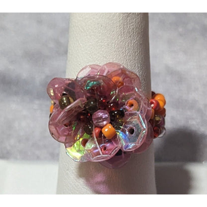 Handmade Fairycore Glass And Sequin Beaded Floral Stretch Ring Size 8