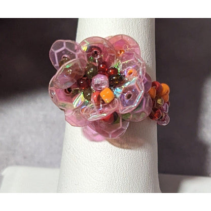 Handmade Fairycore Glass And Sequin Beaded Floral Stretch Ring Size 8