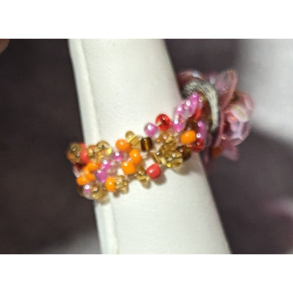 Handmade Fairycore Glass And Sequin Beaded Floral Stretch Ring Size 8